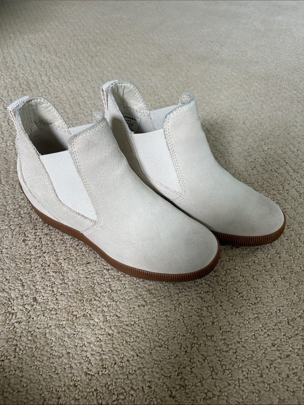 Sorel Cream Suede Out and About Wedge Ankle Boots with Brown Sole